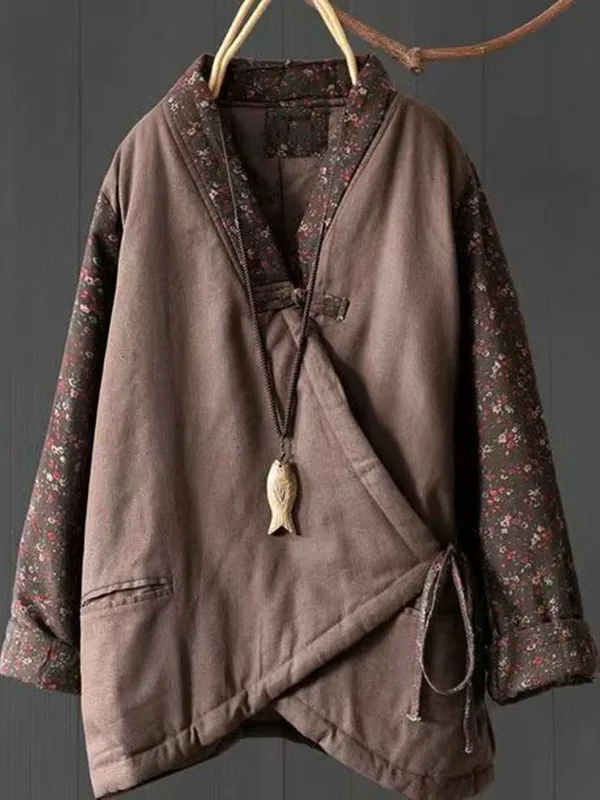 Retro Thiened Cotton Jaet Women's Warmth Outerwear New Chinese Sle V-Ne Long Sve Regular Fit Winter Coat