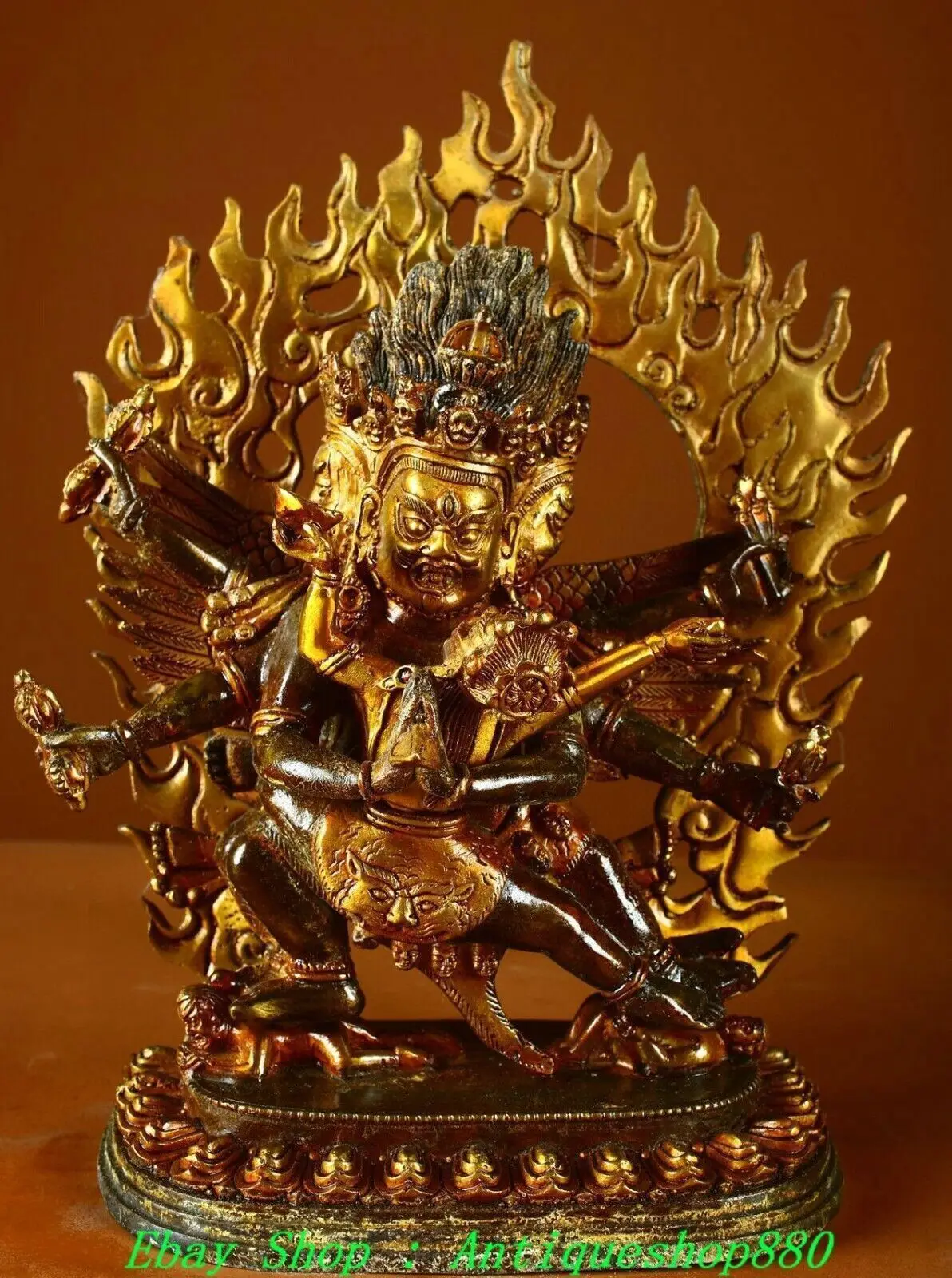 10.2'' Old Tibet Bronze Gilt 3 Head 8 Arms Mahakala Wrathful Vajra Buddha Statue