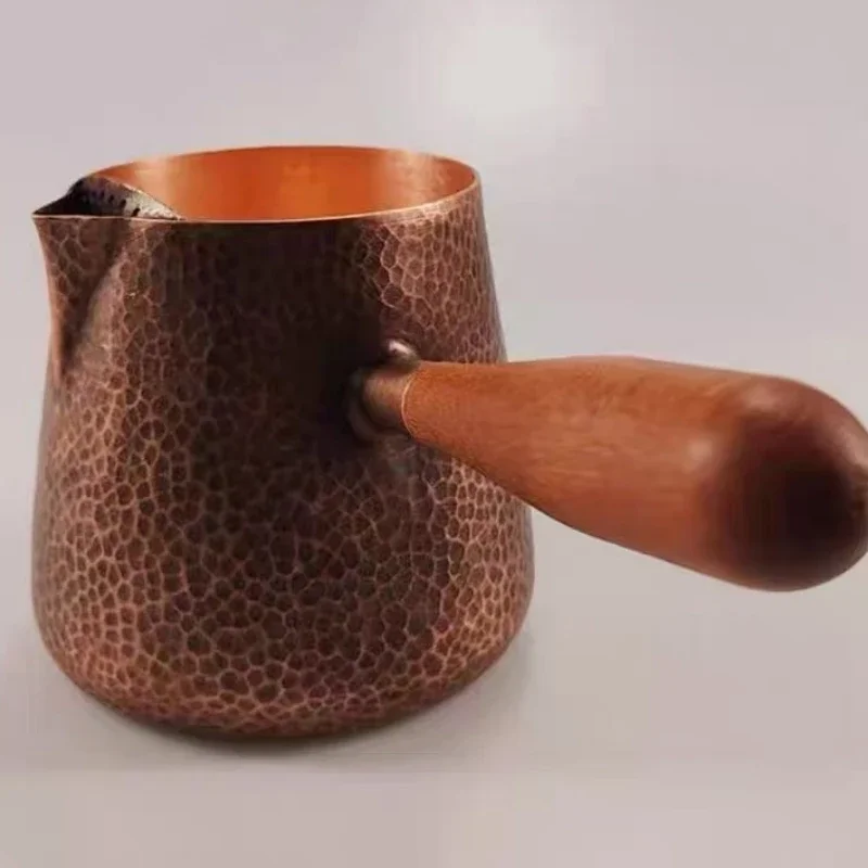 Vintage Hand-Rinsed Pure Copper Coffee Pot,Handcrafted Engraving Hammer Texture 700ml Boil Tea Teaware,Wooden Handle Teapot 4