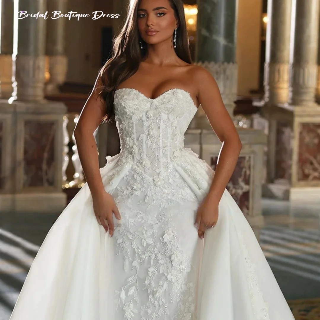 

Индивидуальное роскошное свадебное платье 2-в-1 «Русалка»: сексуальное, без бретелек, с блестками, иллюзорным кружевом и съемным шлейфом. Идеально для свадебной вечеринки.