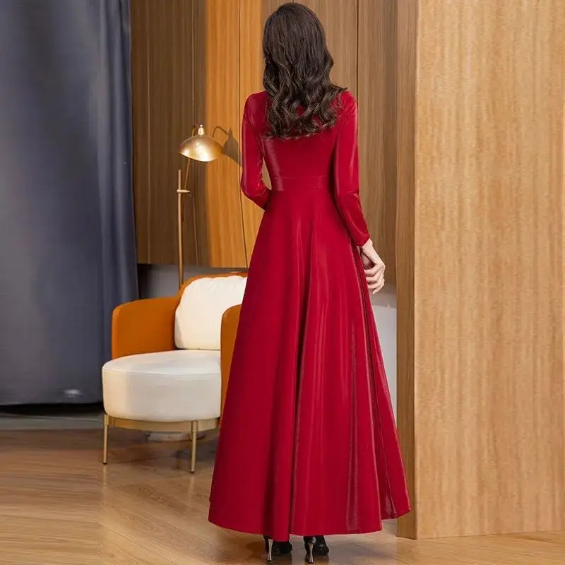 2024 Newest Fashion Autumn Velvet Maxi Dress Women Winter Long Party Dress Ladies A Line Velour Elegant Dress for Women V213