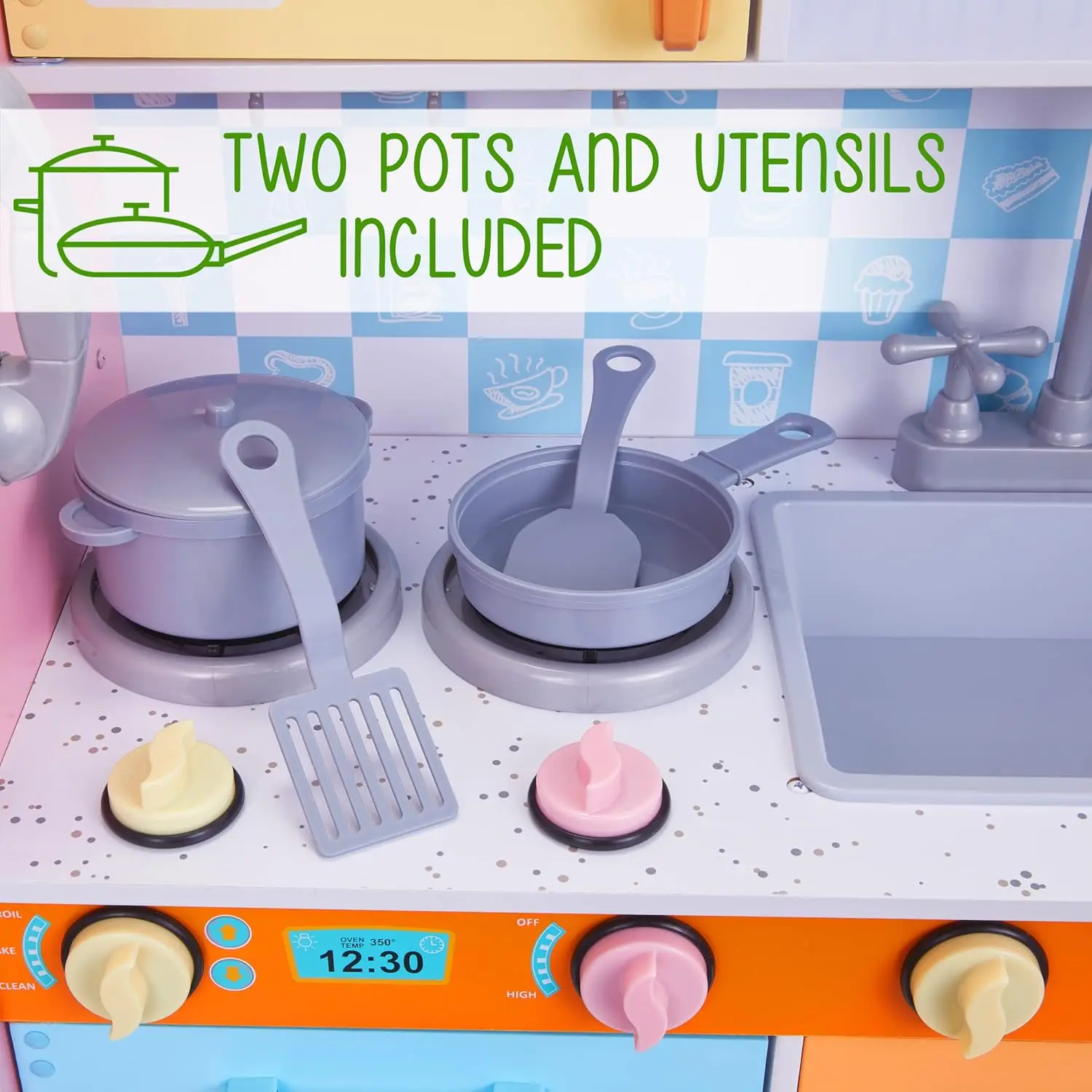 Set da cucina per bambini, finta cucina da gioco in legno con lavagna, telefono da gioco, portasciugamani e distributore di ghiaccio, manopole a scatto, pentole e U