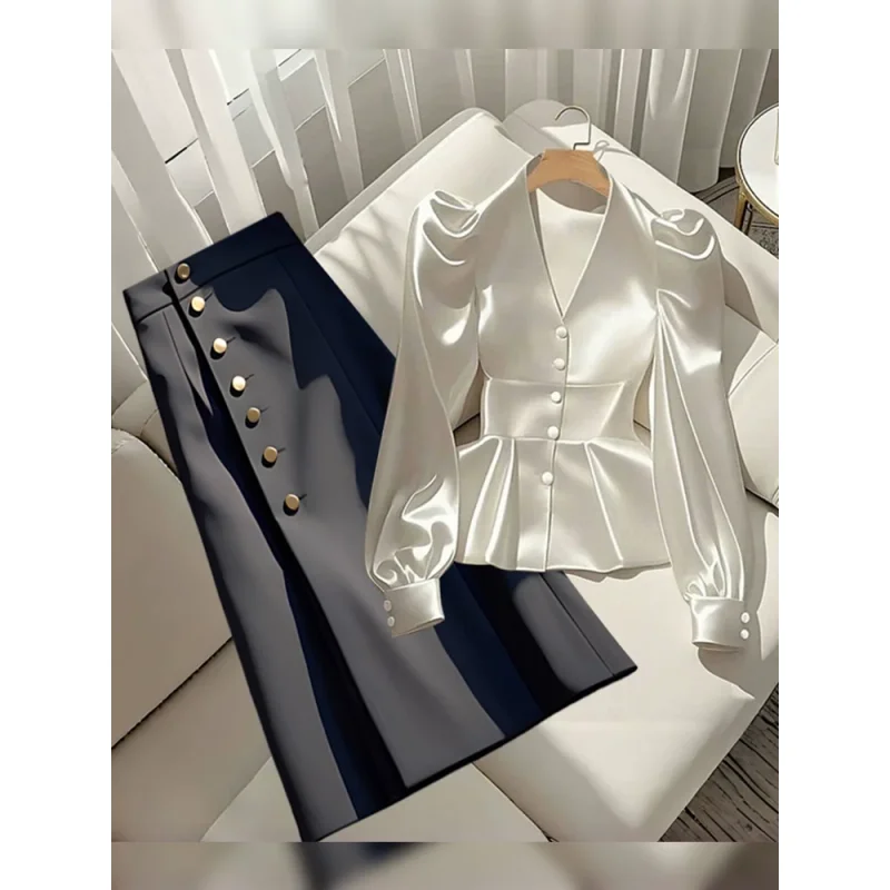 Frans elegant damesoverhemd Luxe taille-gesneden wit satijnen shirt met lange mouwen voor dames Temperament Elegante damesblouses