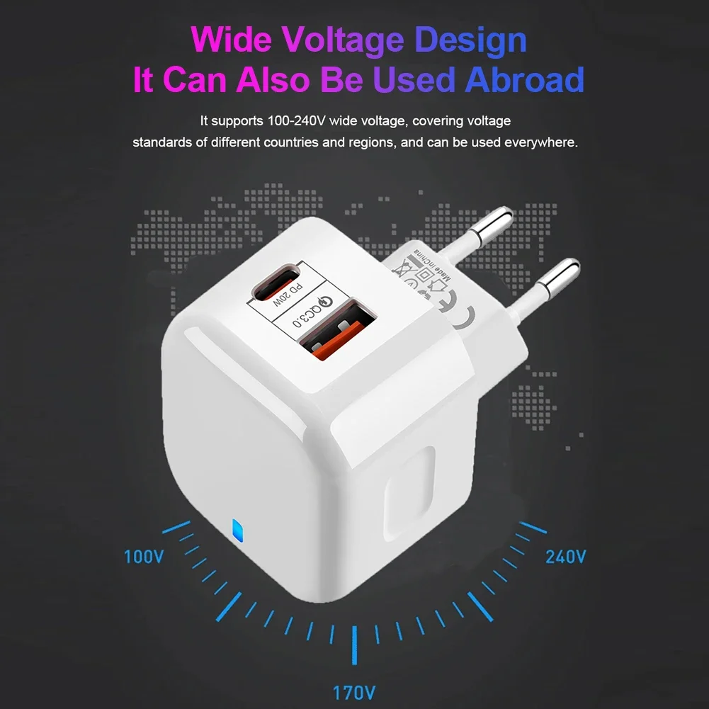 PD 20W Type C Charger 2 Ports Quick Charge QC3.0 USB-C Fast Charging Mini Travel Wall Charger Power Adapter For iPhone 12Pro Max - náhled 2
