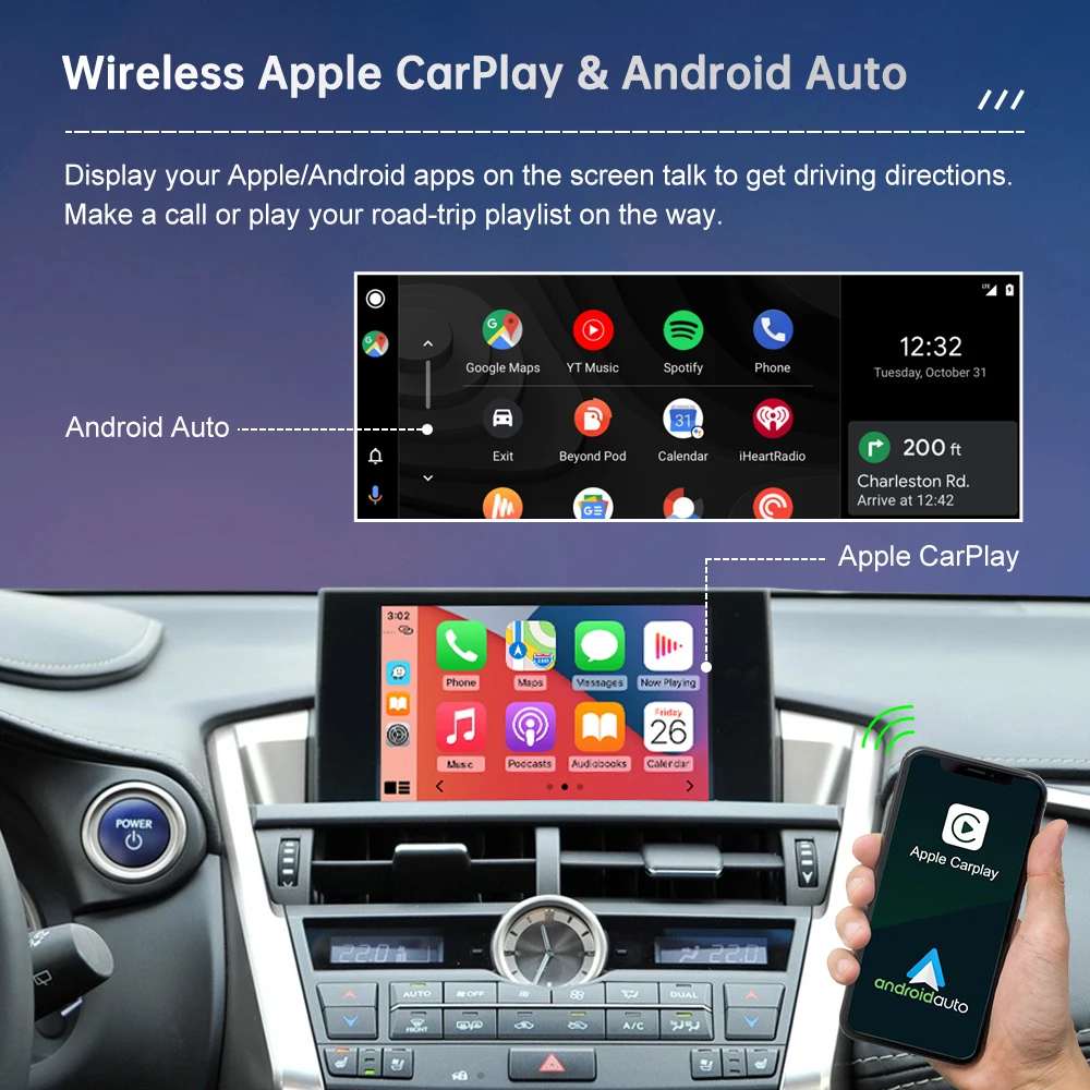 Road Top Wireless CarPlay for Lexus NX 2014-2019, with Android Auto Mirror Link AirPlay Car Player GPS Rear Camera Functions