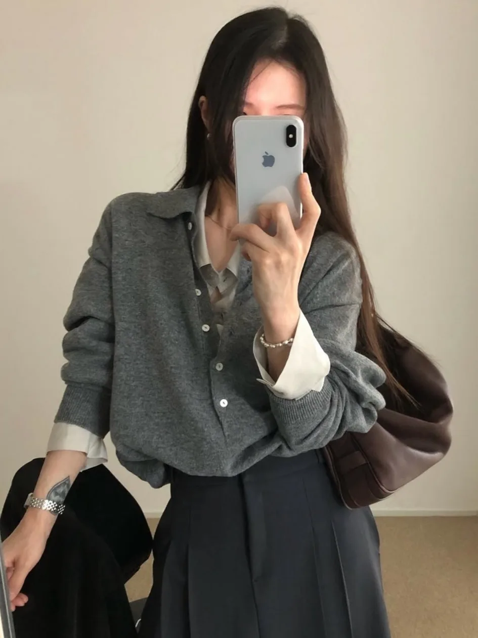 Chic  Collar Open Cardigan Women's Korean Style Loose Knitted Sweater Autumn Winter Fashion Elegant Minimalist Clothing