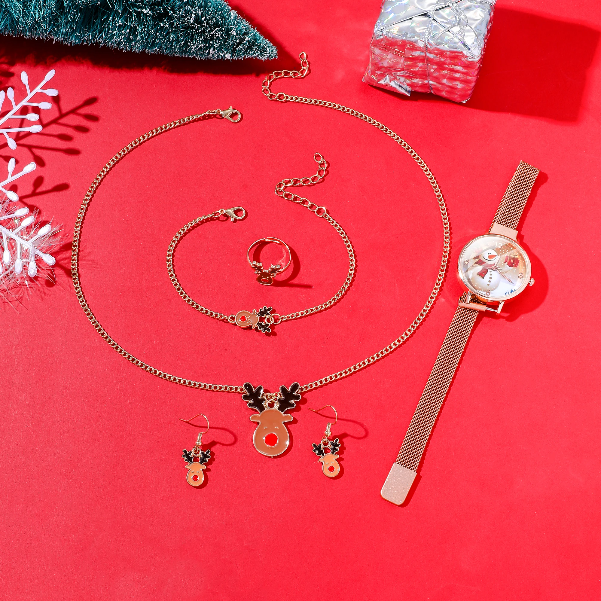 Christmas watch snowman gift pattern net quartz wristwatch reindeer theme accessory set, Christmas premium gift