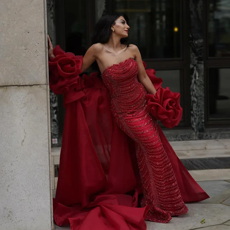 

Exquisite Red Mermaid Tulle Prom Dress Pleat Embroidery Pearl Sequined Off Shoulder Dress Strapless Sexy Backless Customized
