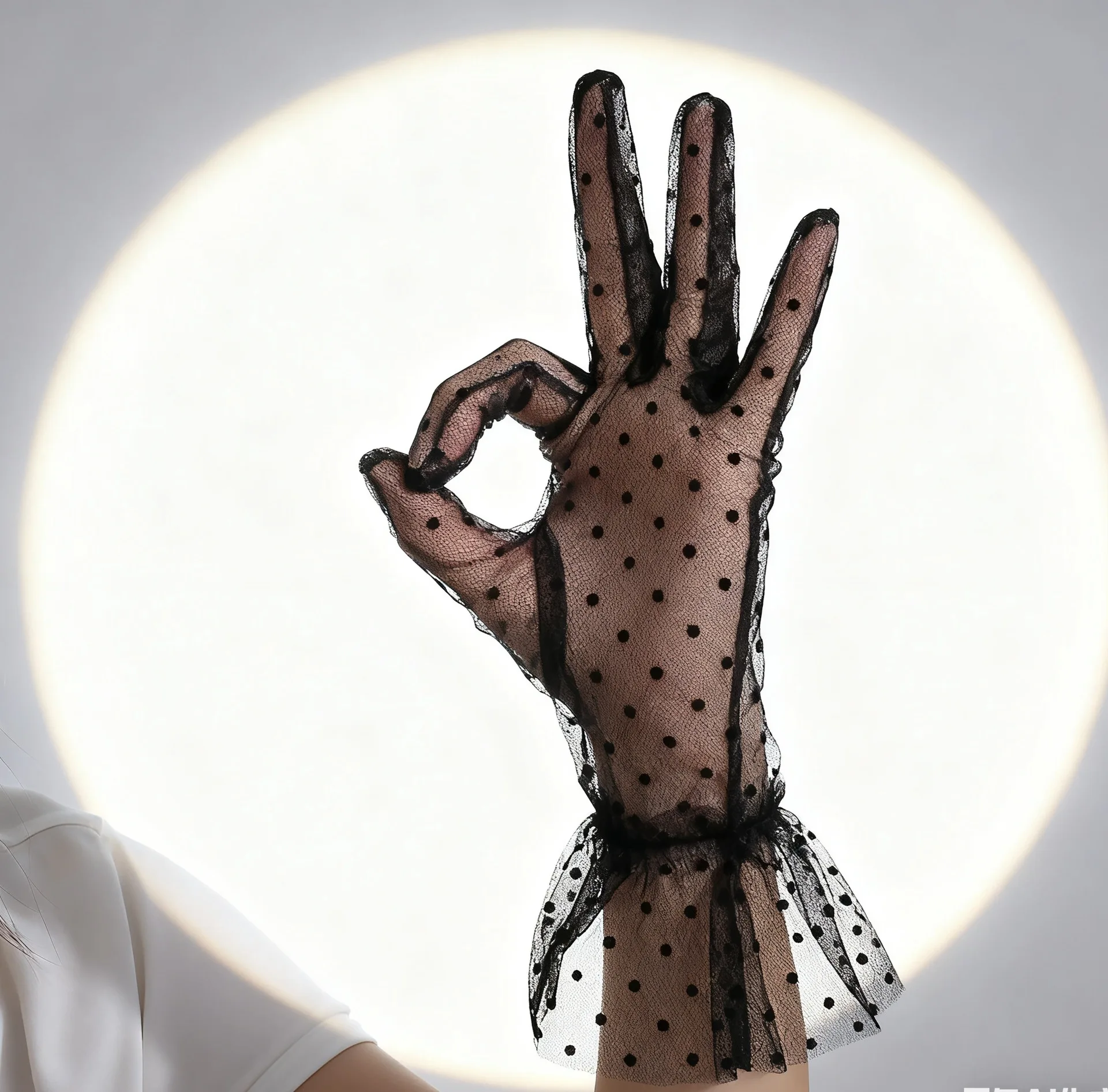 Gloves Women Long Black White Polka Dot Sheer Stretchy Mesh Ruffle Sleeve Bridal Photo Stage Performance Adult Size Breathable