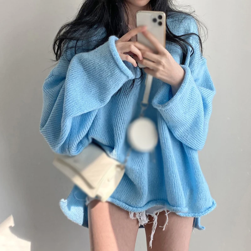 Women's Fall Tops Fashion V Neck Casual Oversized Long Sleeve Pullover Jumper Knitted Top Sweater