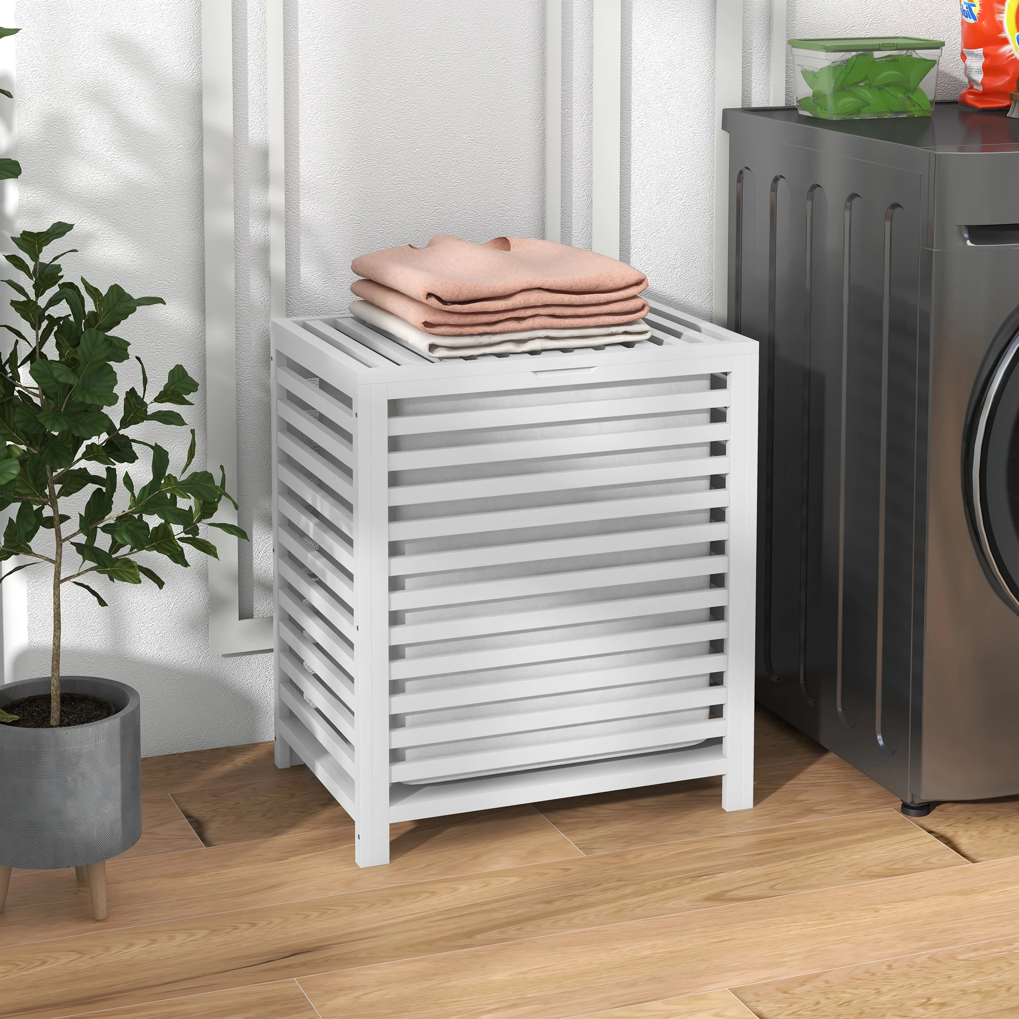 

Белая современная бамбуковая корзина для белья на 55 литров с крышкой и съемным внутренним мешком, вместимость 15 кг, для ванной комнаты, продуманный дизайн