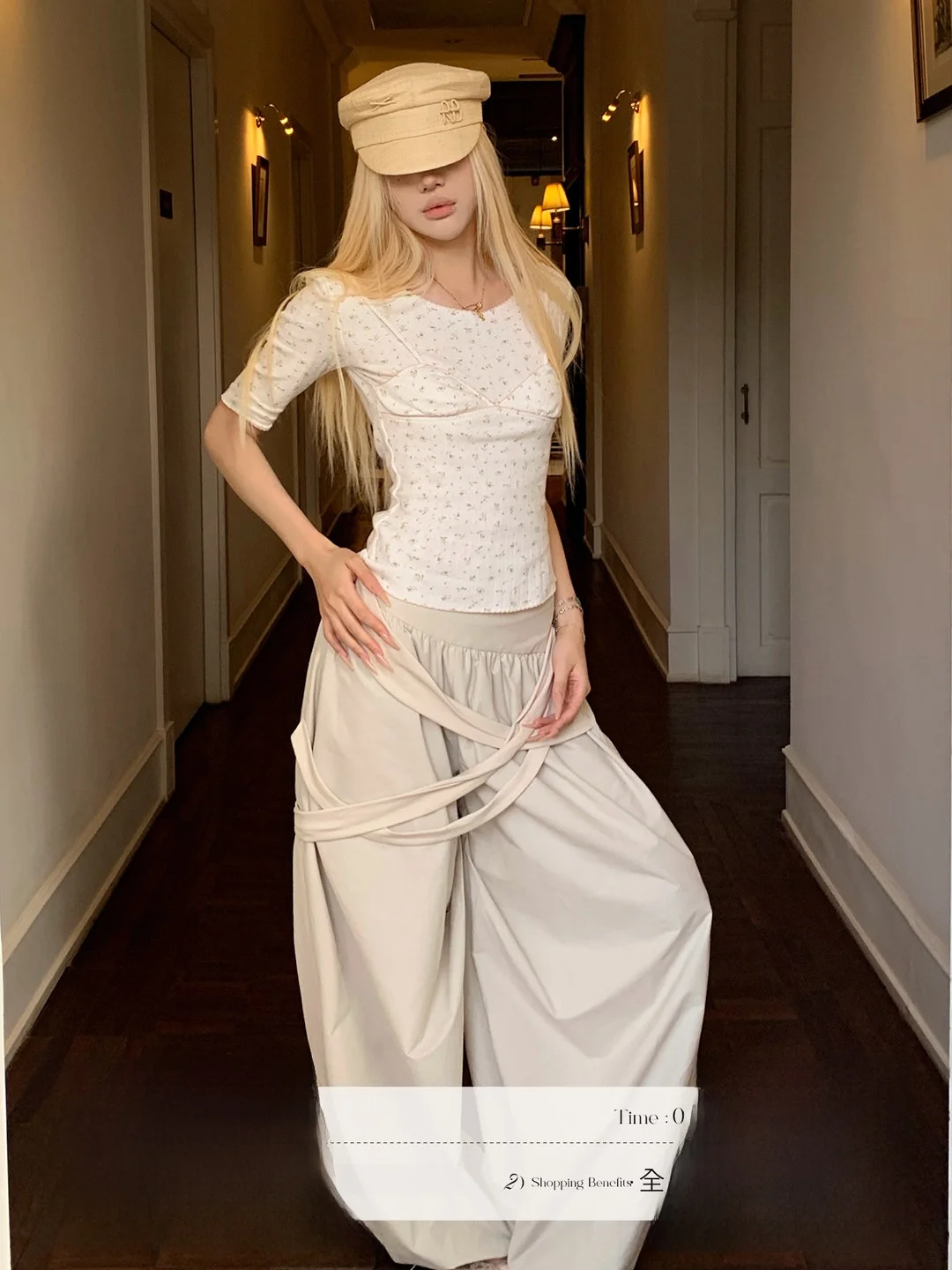 

Rase Le Sol Free Verse Wide Leg Pants Loose Straight Cut Cuffed Casual Trousers Low Waist Zipper Polyester Fiber Ladies