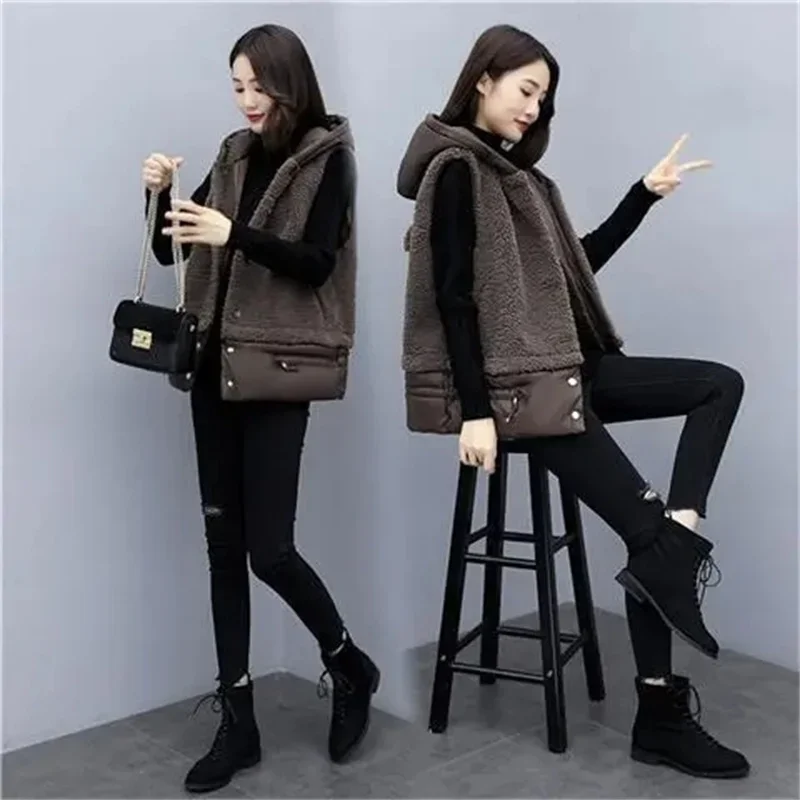 Double-layer Imitation lamb Wool Vest Women's Autumn Winter Clothes Joker Padded Plush Loose Cotton Waistcoat Coat Tide E10