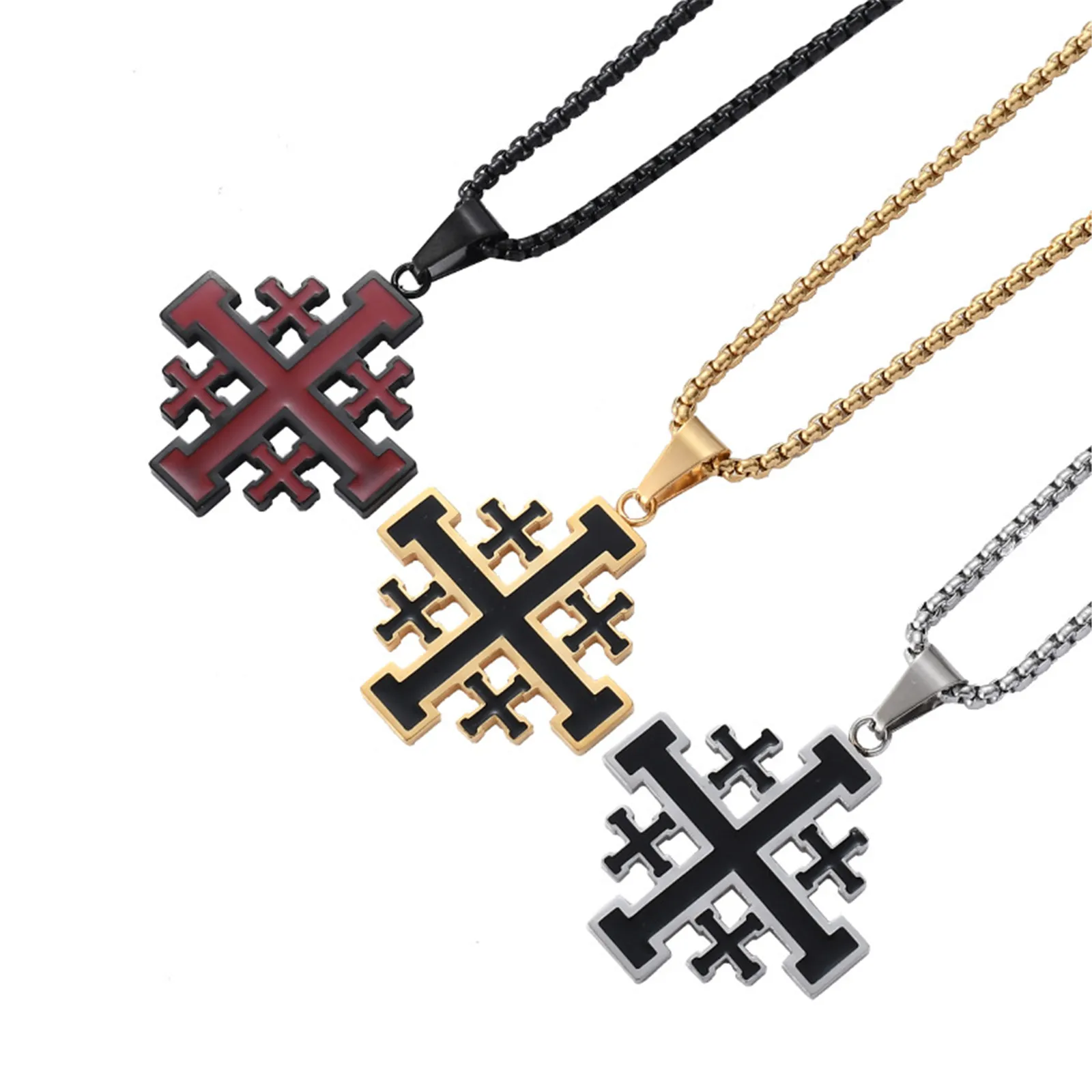 Jerusalem Cross Necklace Stainless Steel Crusades Emblem Georgia Symbol Pendant for Men Women Christian Religious Jewelry