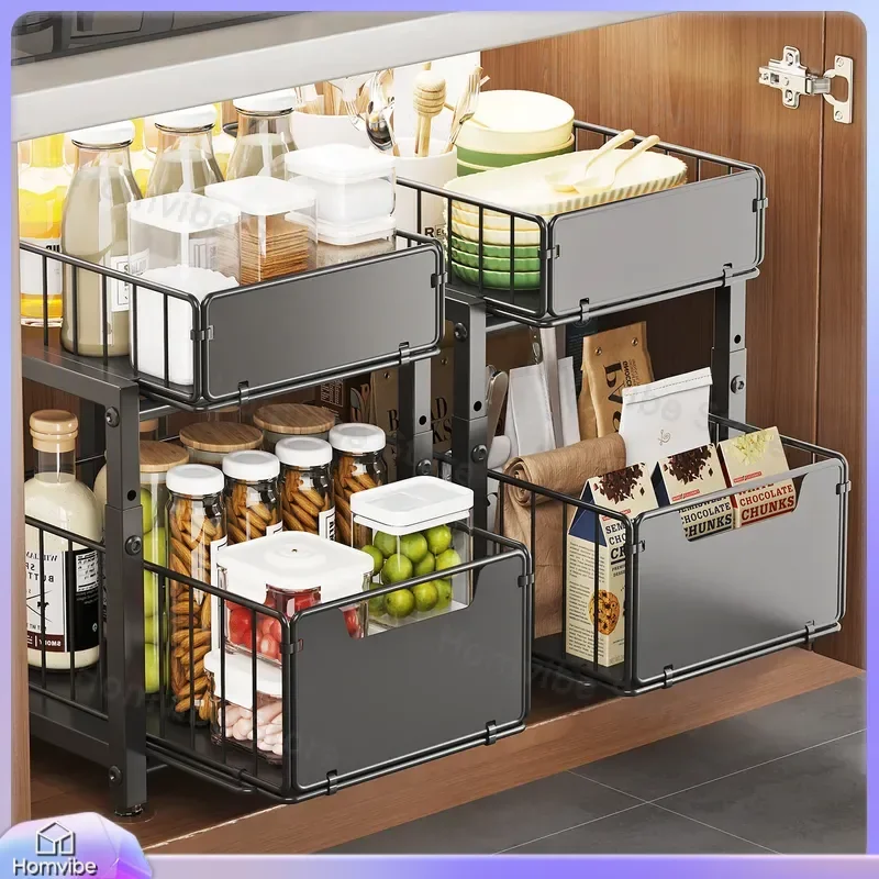 for Kitchen Lower Sink Pull out Multifunctional Storage Rack Cabinet Basket Shelf Drawer Layered Seasoning Organizer