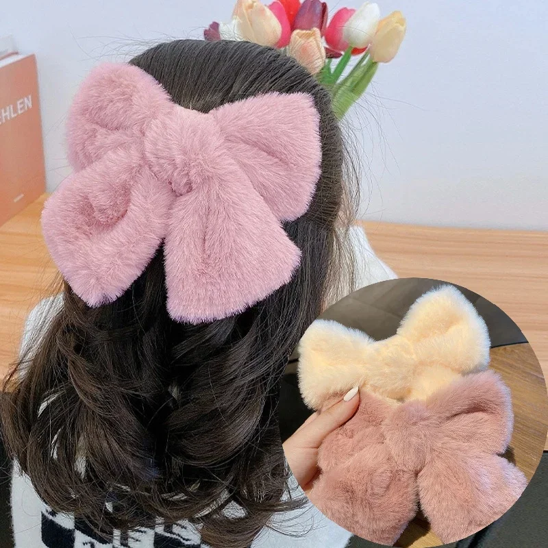 Autumn and  Winter Enlarged Plush Bow Girl's Hair Clip for Women's Fashion Soft  Warm High Grade Sweet Elegant Hairs Accessories