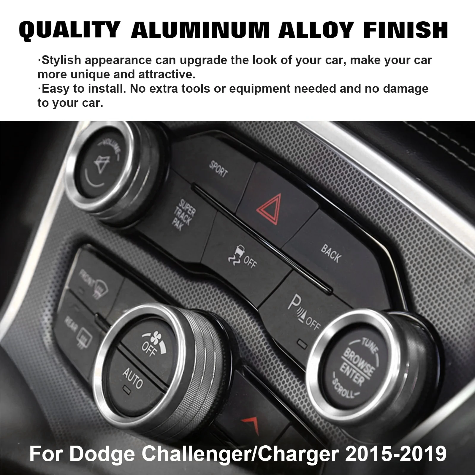 3pcs Silver AC Radio Control Switch Ring Volume Adjust Button Frame Sticker For Dodge Challenger/ Charger/Chrysler 300 2015-2021