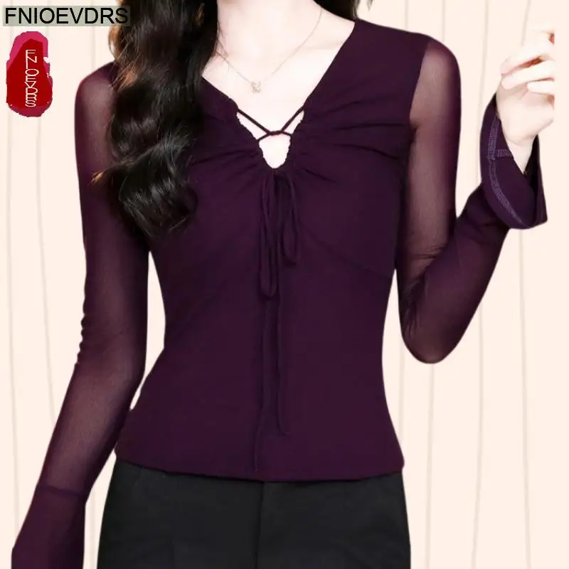 

Hollow Out Sexy Sheer Mesh Basics Shirts Flare Sleeve Women Elegant Office Lady V Neck Slim Fit Purple Black Lace Tops Blouses