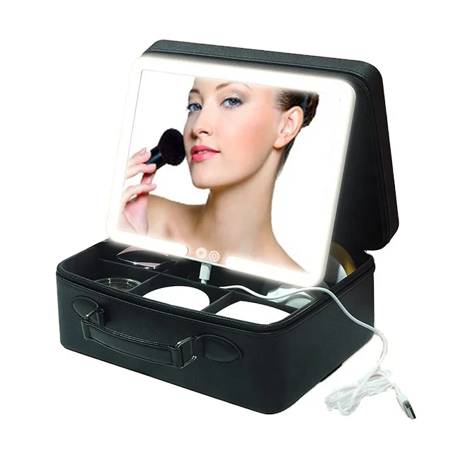 Professional Portable Leather Cosmetic Case with led mirror Travel Adjustable Makeup Storage Bag