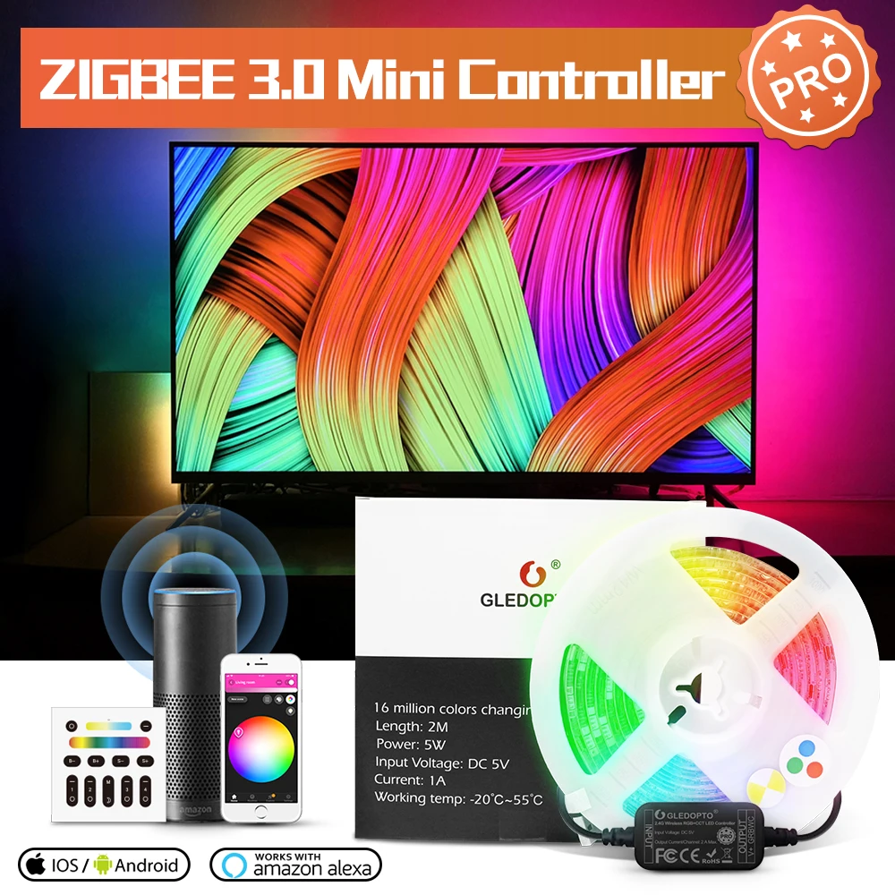 GLEDOPTO PRO 2M RGBCCT Zigbee LED Strip Light TV Backlight Smart Kit 5V USB RGB CCT Stripe Tape Ribbon  Work with Hub Alexa Echo