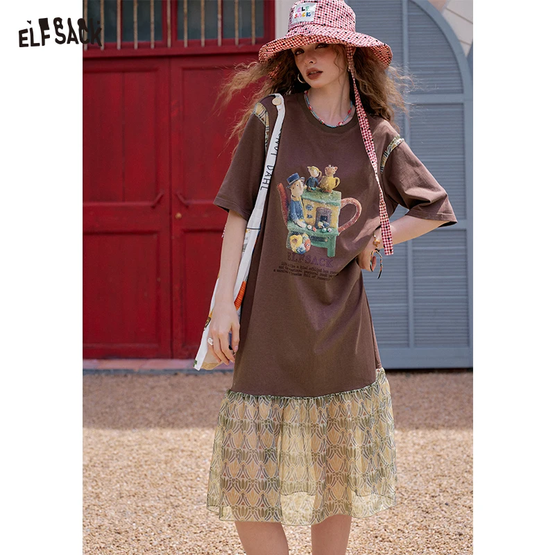 

ELFSACK 2025 Summer New Arrivals Letter Printed Mesh Patchwork Short Sleeve Casual Dress For Women