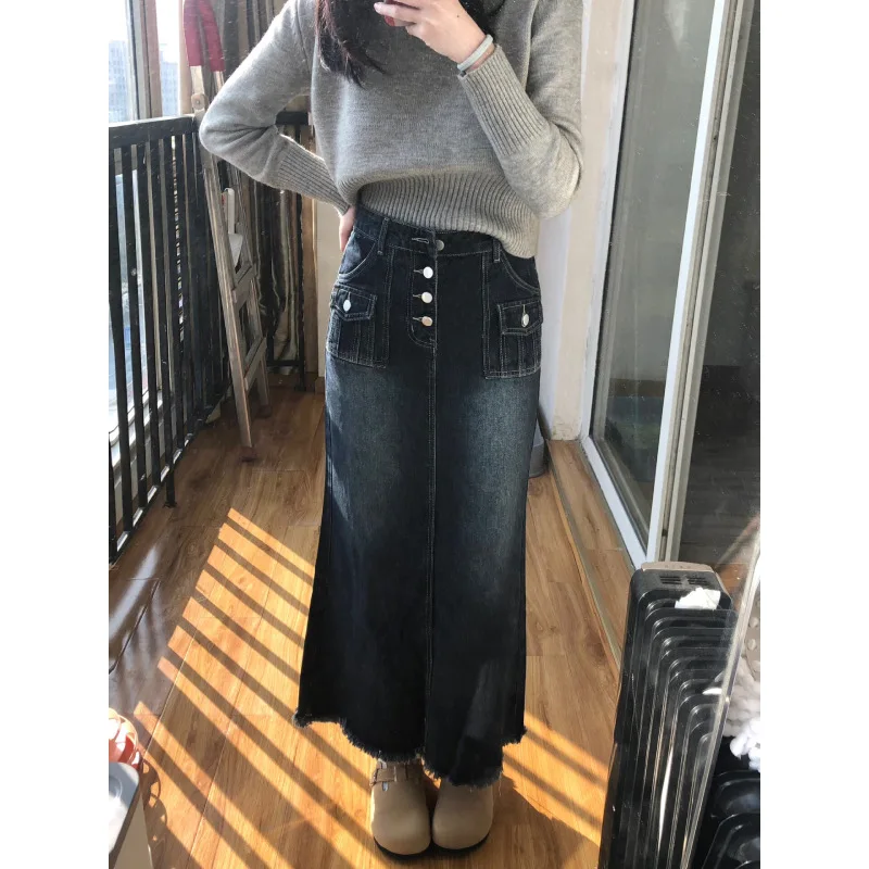 High Waist A-Line Denim Skirt Women's Spring Autumn plus Size Conceal Meat Slimming Frayed Mid-Length Umbrella Skirt