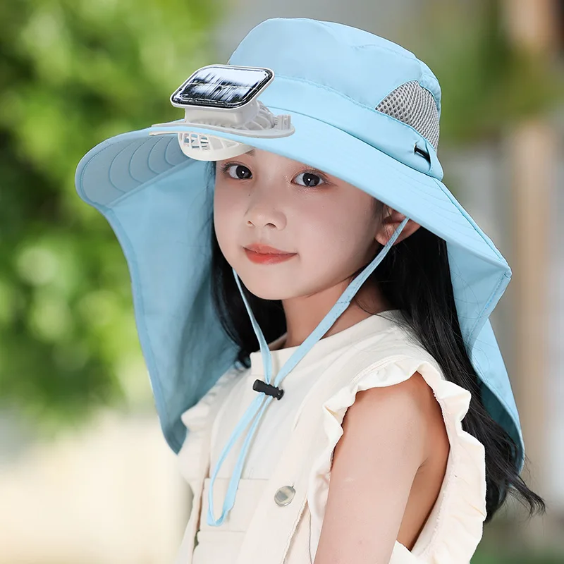 52-55cm Kids Outdoor Sun Hat Girls Solar Fan High Wind Adjustable UV Protection Sun Cap Large Shawl Wide Brim Fishing Cap 4F041