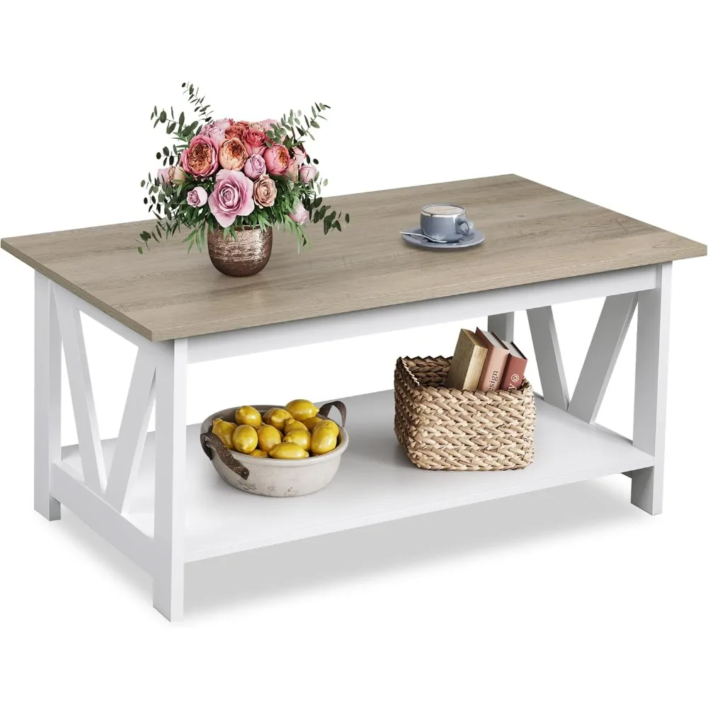Mesa de centro con estante de almacenamiento, mesa de centro de granja de 39,4" con soporte de marco en V, mesa central rústica de madera de 2 niveles para sala de estar
