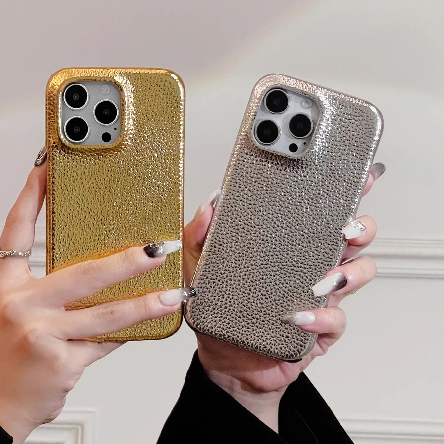 Lychee Leather Mobile Phone Case for iPhone 16 15 14 13 12 Pro Max Fashion Back Shell Shockproof Cover Gold Silver Color