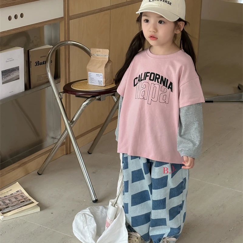 

Boy Girl T-Shirt 2024 Autumn New Korean Edition Splicing Letter Printed Fake Two Piece Trendy Comfortable