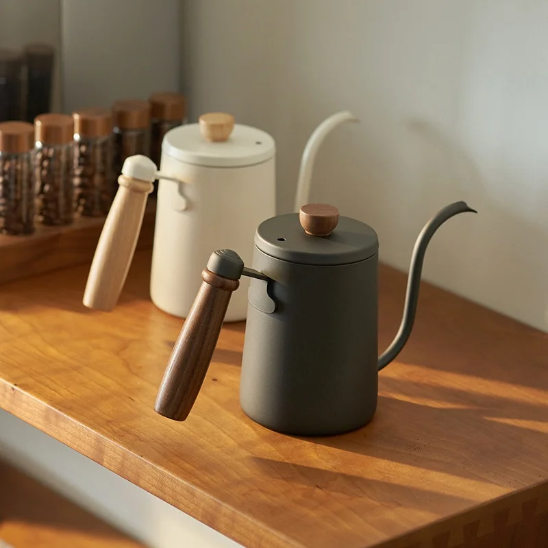 Commercial household stainless steel hand brewing kettle high cover wooden handle slender mouth hanging coffee tea set