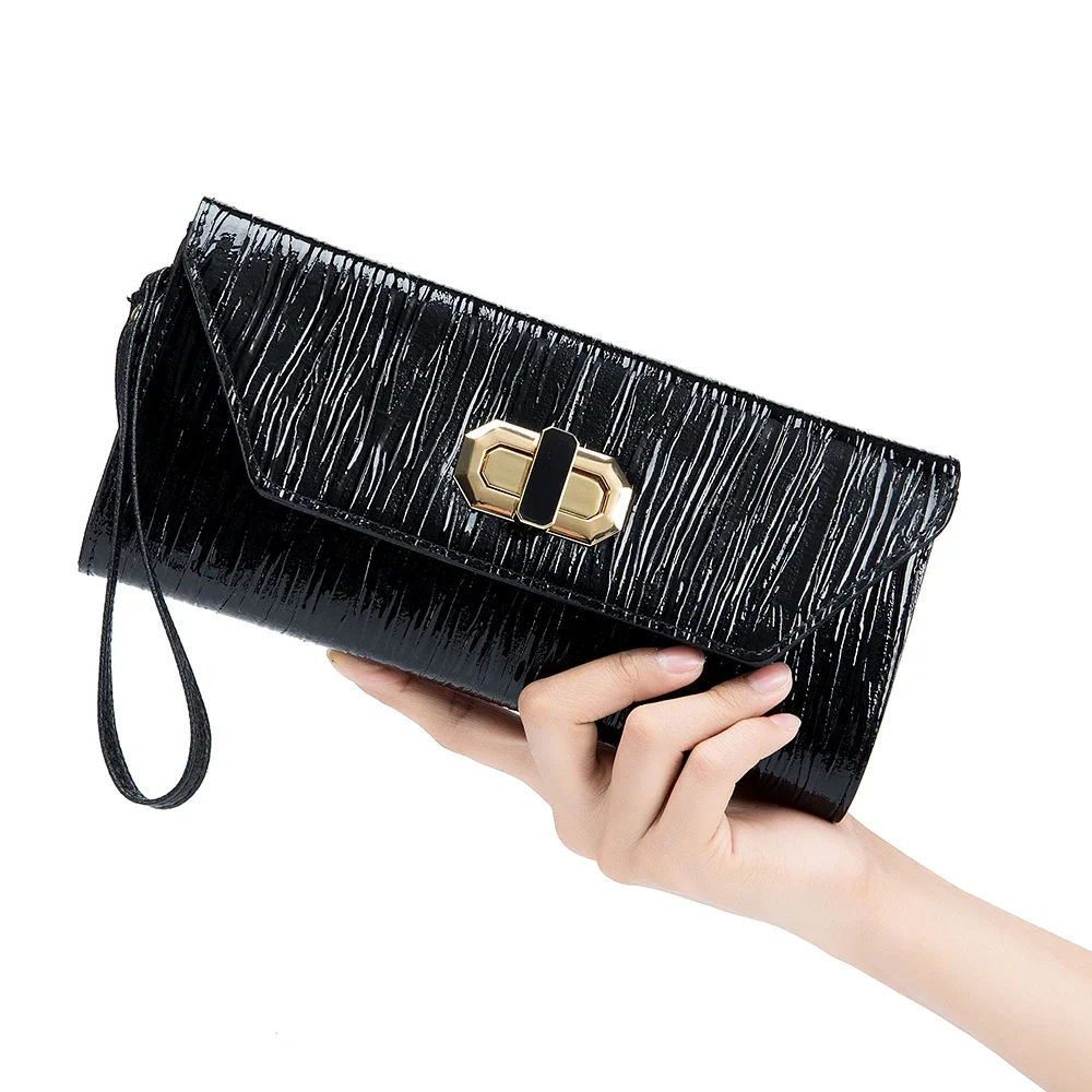 Genuine Leather Hand Wallet Evening Party Dress Bag Women's Cowhide Chain Lock Single Shoulder Crossbody Women's Clamp Purs