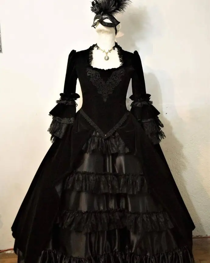 Black Wine Gothic Mexico Halloween Evening Dresses Fairy Long Sleeve Lace Stain Ruched Victorian Costume Bustle Prom Gown