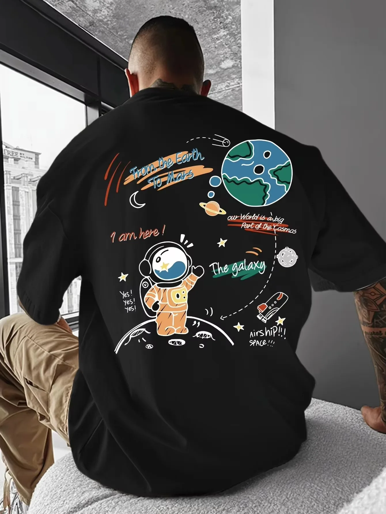 2026 New Family Matching Oversized T Shirt Unisex Streetwear Cartoon Astronaut Space Galaxy Earth Mars Print Front Short Tee