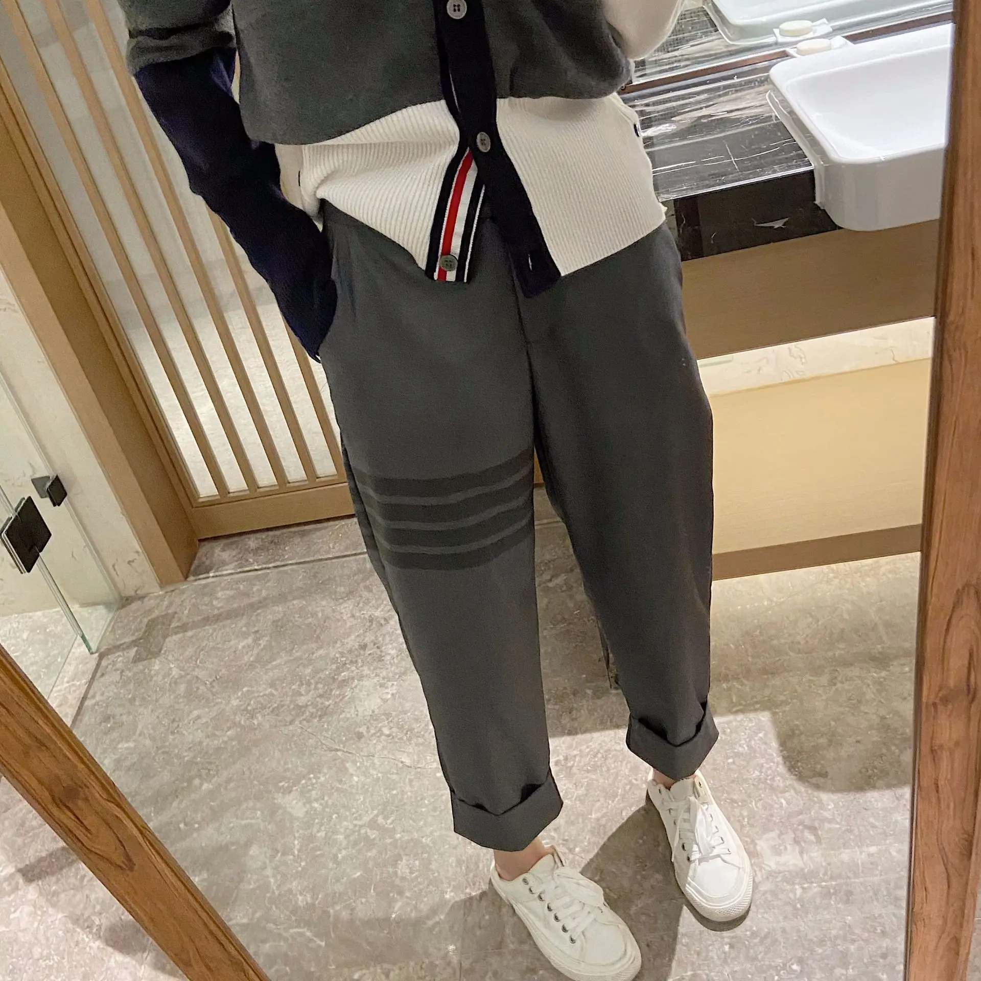 New Summer Office Lady Casual Gray Suit Pants Female Classic Stripe Nine-point Pants Women Streetwear Trendy Straight-leg Pants