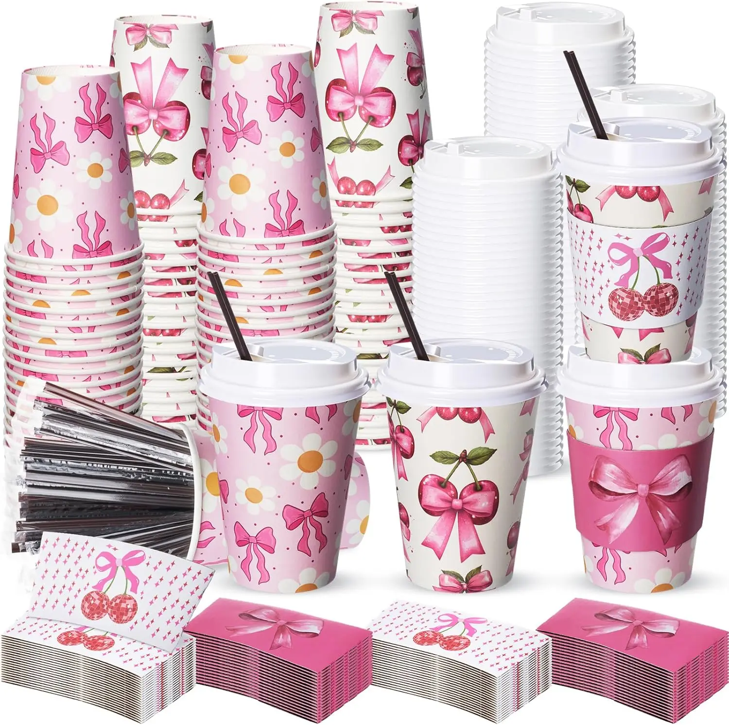 

100 Set Pink Bow Disposable Coffee Cups with Lids, Straws and Sleeves, 12oz Paper Hot Cold Cups for Coquette Birthday, W