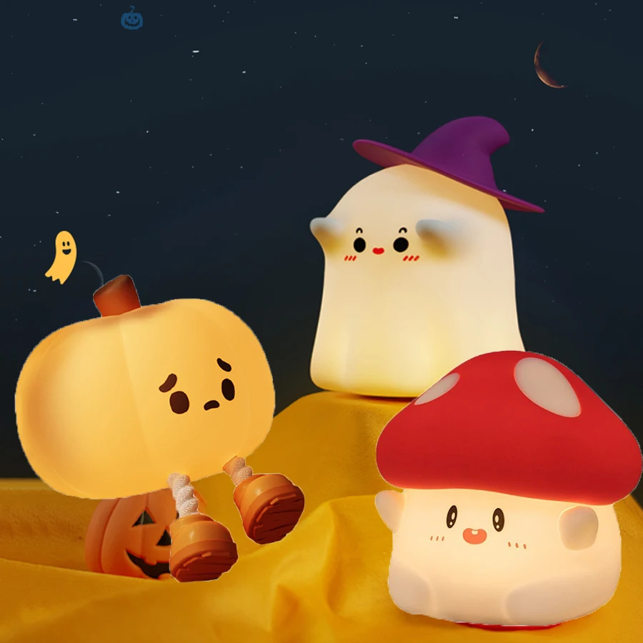 Mushroom Pumpkin Ghost Halloween Led Night Light Silicone Table Lamp Cute Cartoon Kid Birthday Gifts Nursery Bedroom Nightlight