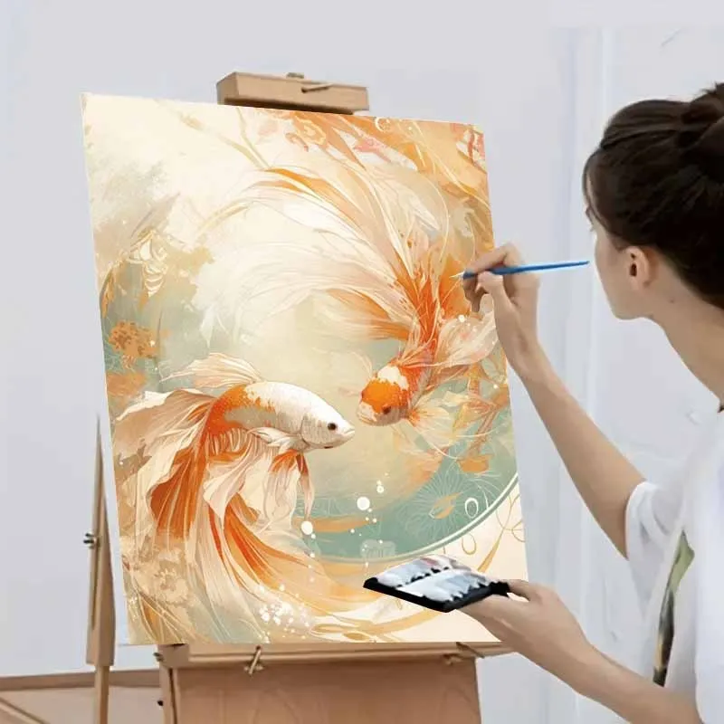 Paint By Numbers Golden Koi Fish Kit Pre Drawn Canvas Acrylic Paint Set Stress Relief DIY Craft Wall Decor Gift for Adults