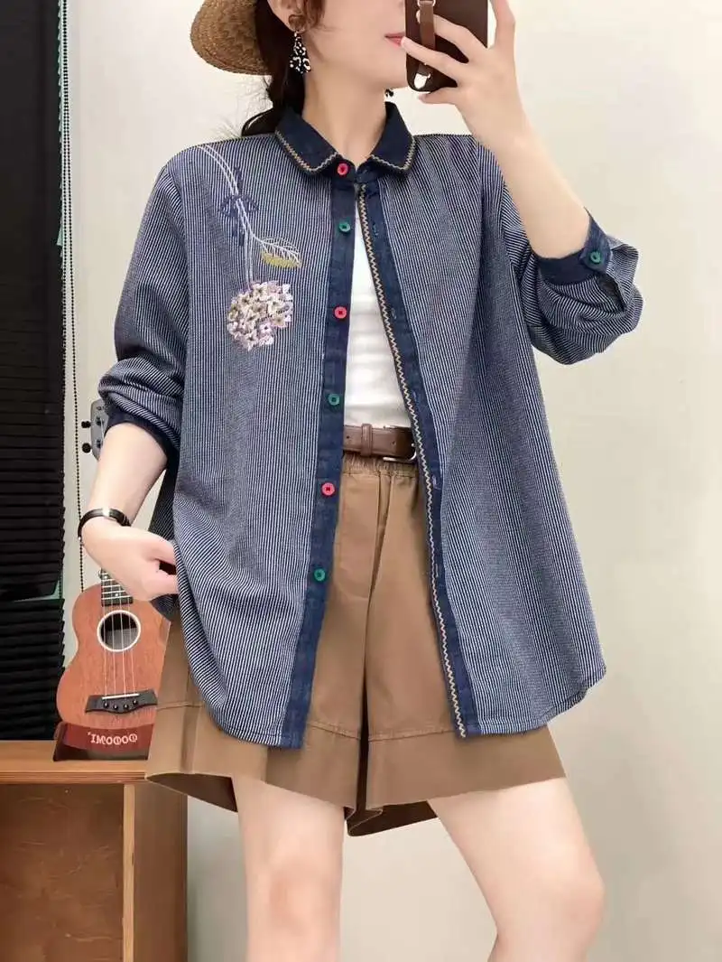 New Summer Cotton Long Sleeve Shirt, Women Lapel Embroidery Striped Top, Mori Girl Casual Vintage Loose Blouses, Autumn T47977QC