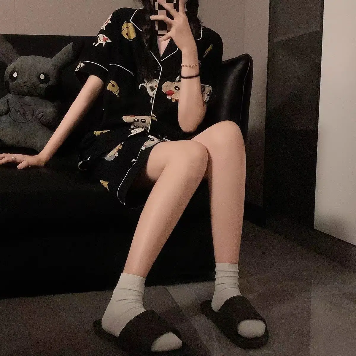 Women's Cartoon Crayon Shin-Chan Pajamas Cartoon Short Sleeve Loungewear Suit Summer Cardigan Sleepwear Korean Ladies Nightwear