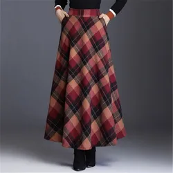 2023 Winter Women England Style Pockets Midi Pleated A-Line Wool Tartan Skirt Woolen Warm S-3XL Thick Plaid Skirts