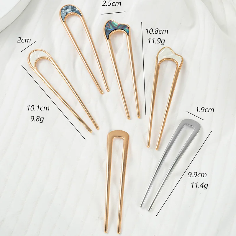 Fashion Luxury Silver Gold Color Elegant Shell Enamel Hairpin for Women Metal U Shape Hair Stick Hairwear Accessories Jewelry