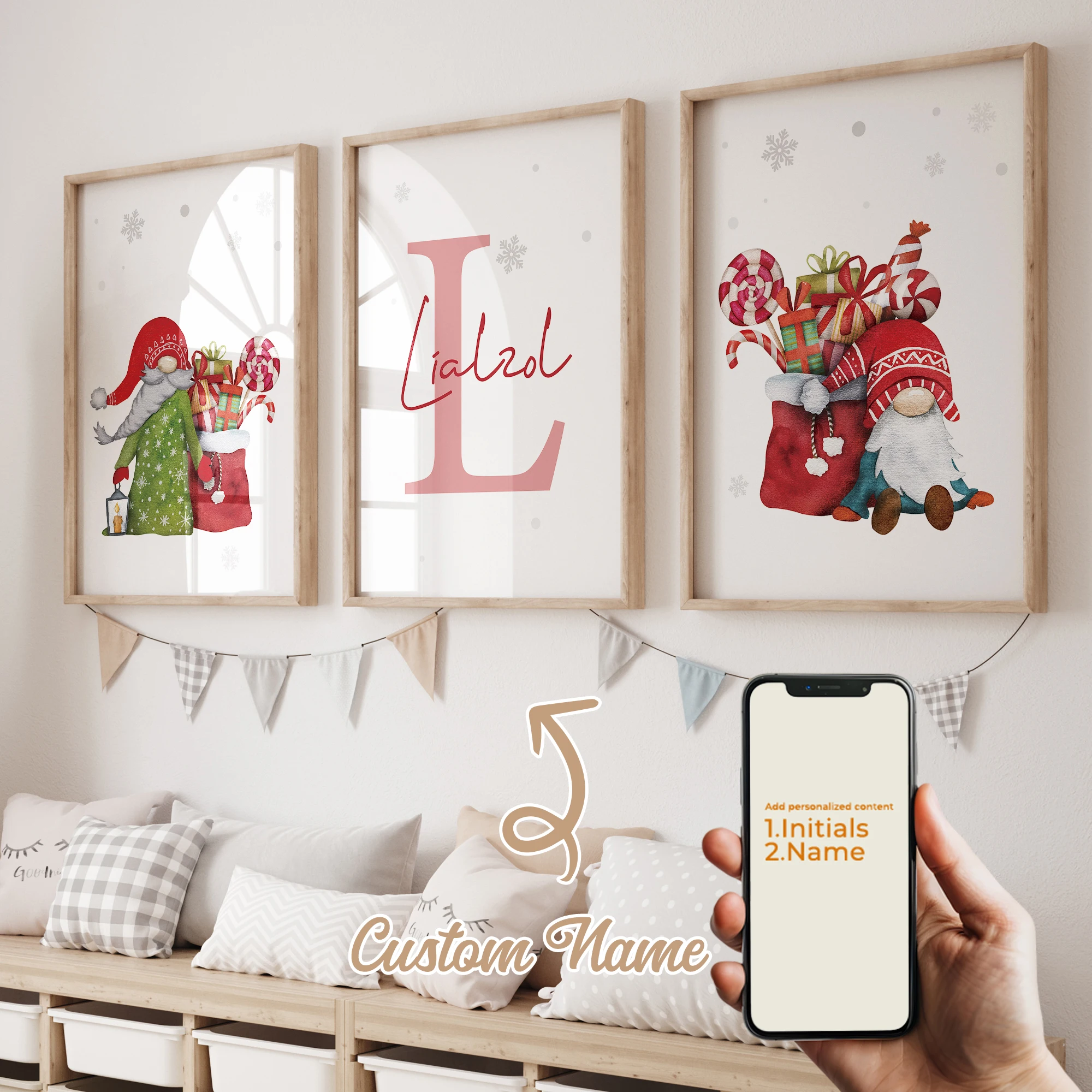 

3pcs Personalized Custom Name Cartoon Santa Claus Wall Art Print Picture Canvas Poster Painting For Living Room Home Decor