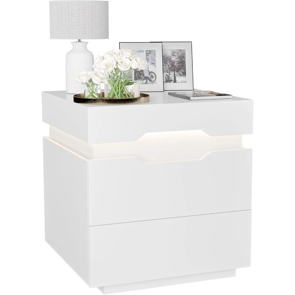

Nightstand with LED Light and Charging Station, Endtable with 2 Drawers, Bedside Table with Large Capacity, for Bedroom, 21.2"