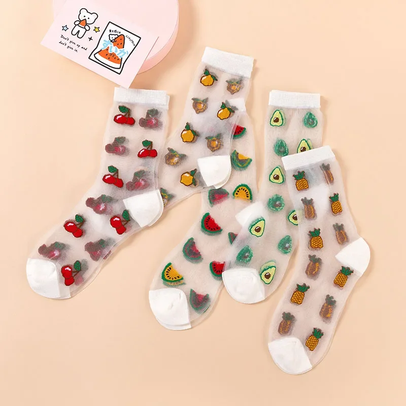 Korean Style Thin Transparent Funny Socks Women Fruit Avocado Watermelon Pineapple Creative Design Glass Skarpety Lace Sokken