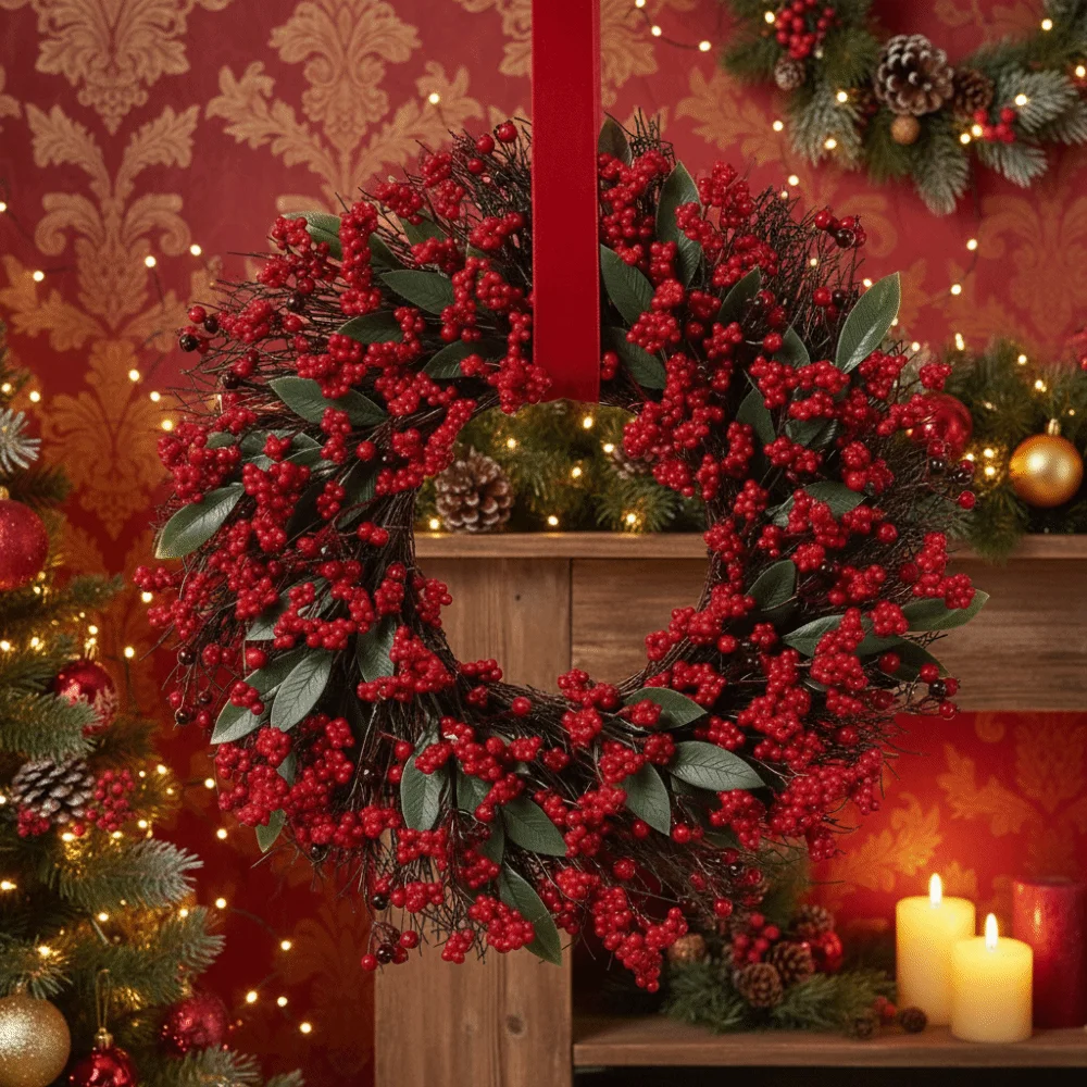 American-style Artificial Berry Holly Christmas Wreath 45 CM DIY Hanging Wreath Decoration Simulated Xmas Red Berry Garland Wall