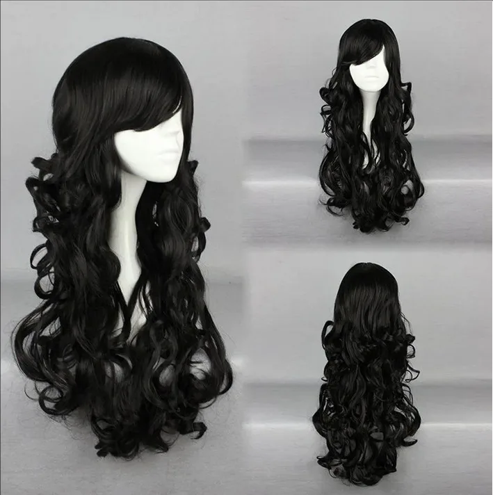 Wig Cosplay hitam panjang ikal, rambut palsu untuk pesta wanita 60cm