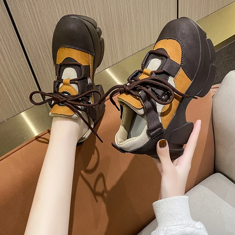 Single Shoe Women Spring Autumn Mixed color Thick Leather Heightened Thick Sole Lace-up Retro Oxford Shoes Women Casual Shoes