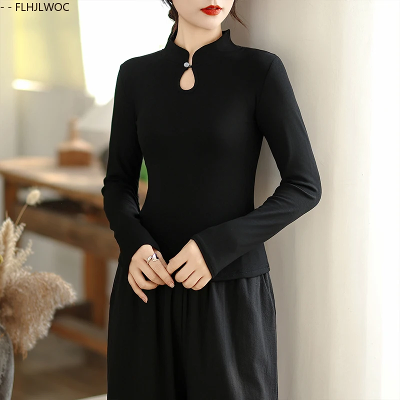 النمط الصيني تشي باو الوقوف طوق تصميم بلايز سوداء جديد 2025 الخريف الربيع النساء تاريخ الفتيات زر بلينغ قميص بلوزة خمر #3