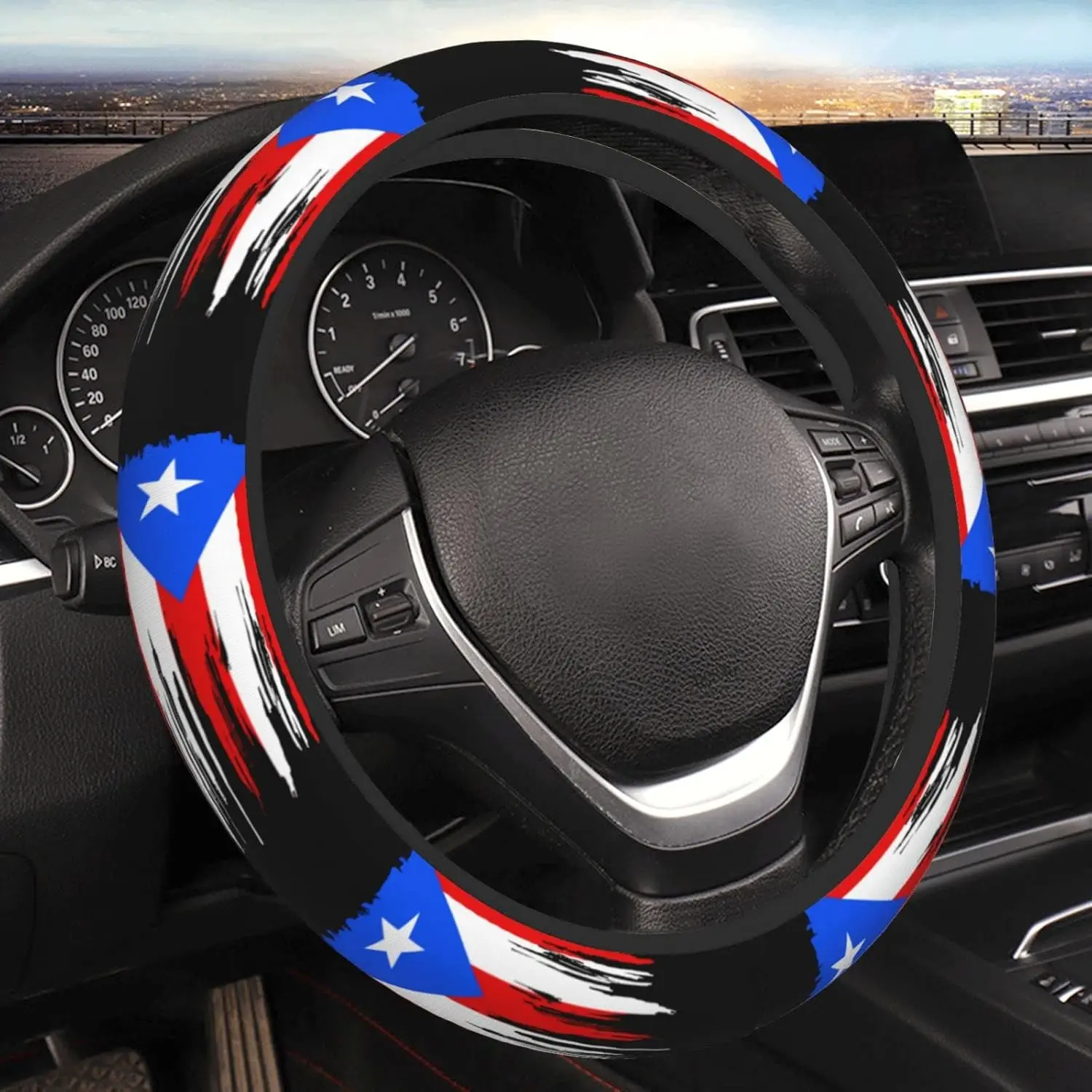 Puerto Rico Flag Steering Wheel Cover for Men Women Anti-Slip Elastic Thickened Steering Wheel Cover Universal Fit 15 Inch